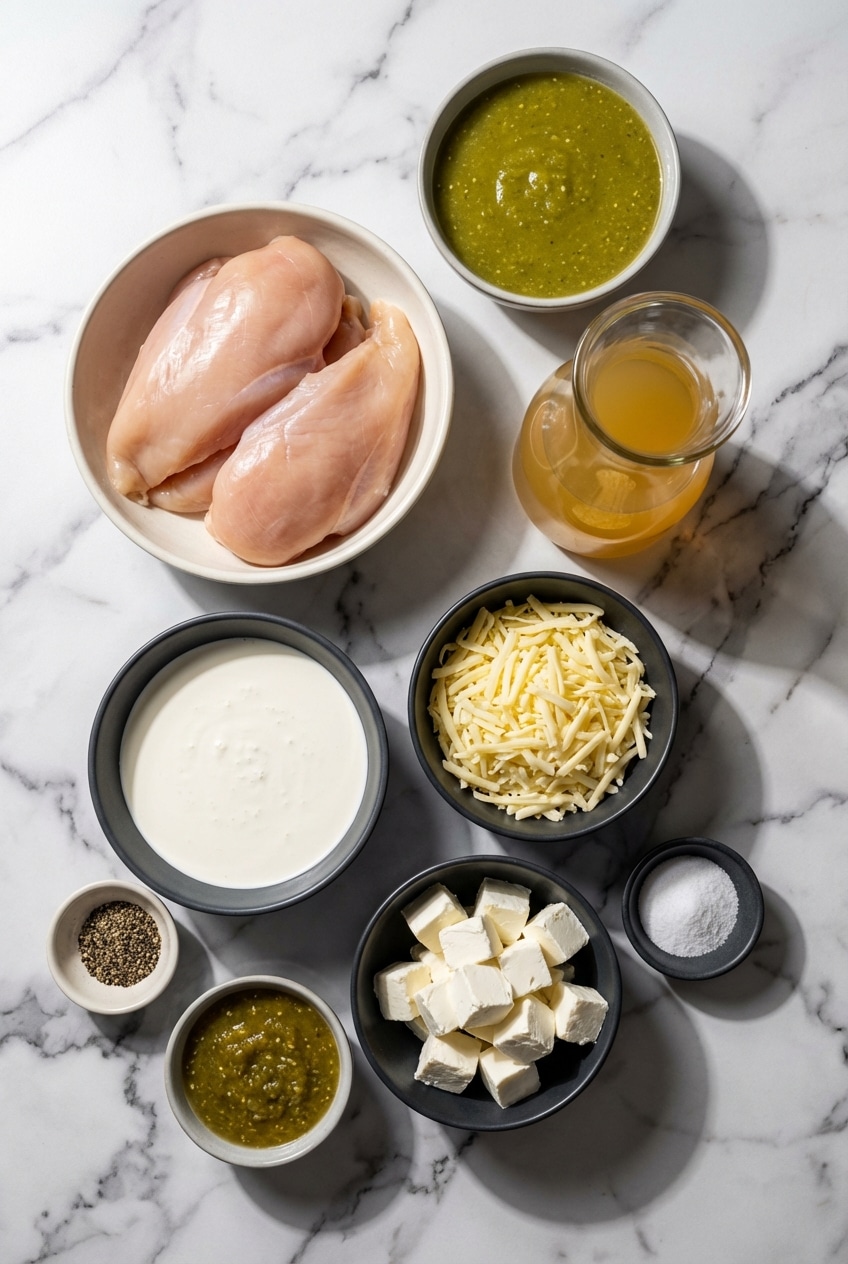 Raw ingredients for green chicken enchilada soup including fresh tomatillos, poblano pepper, and rotisserie chicken.