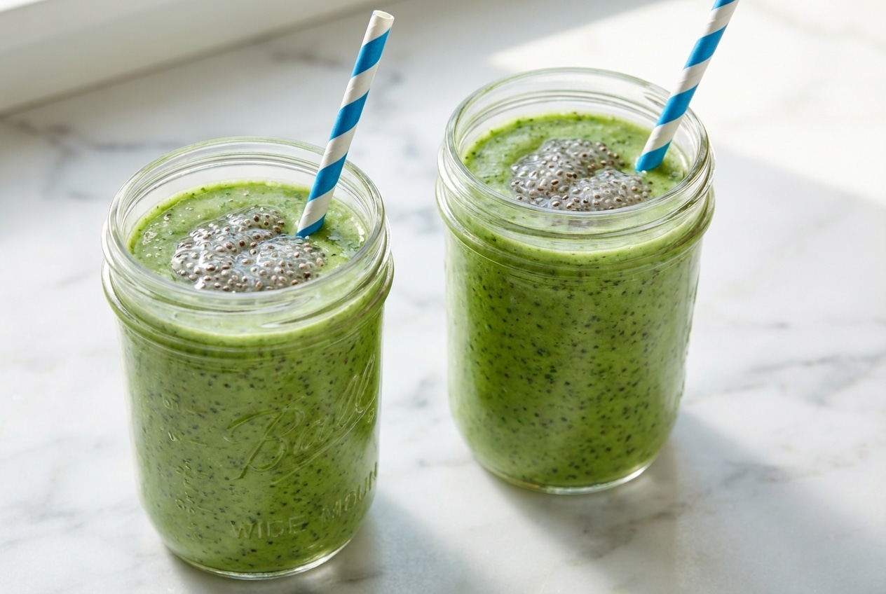 Bright green smoothie recipes for weight loss served in a tall glass featuring soaked chia seeds for added texture.