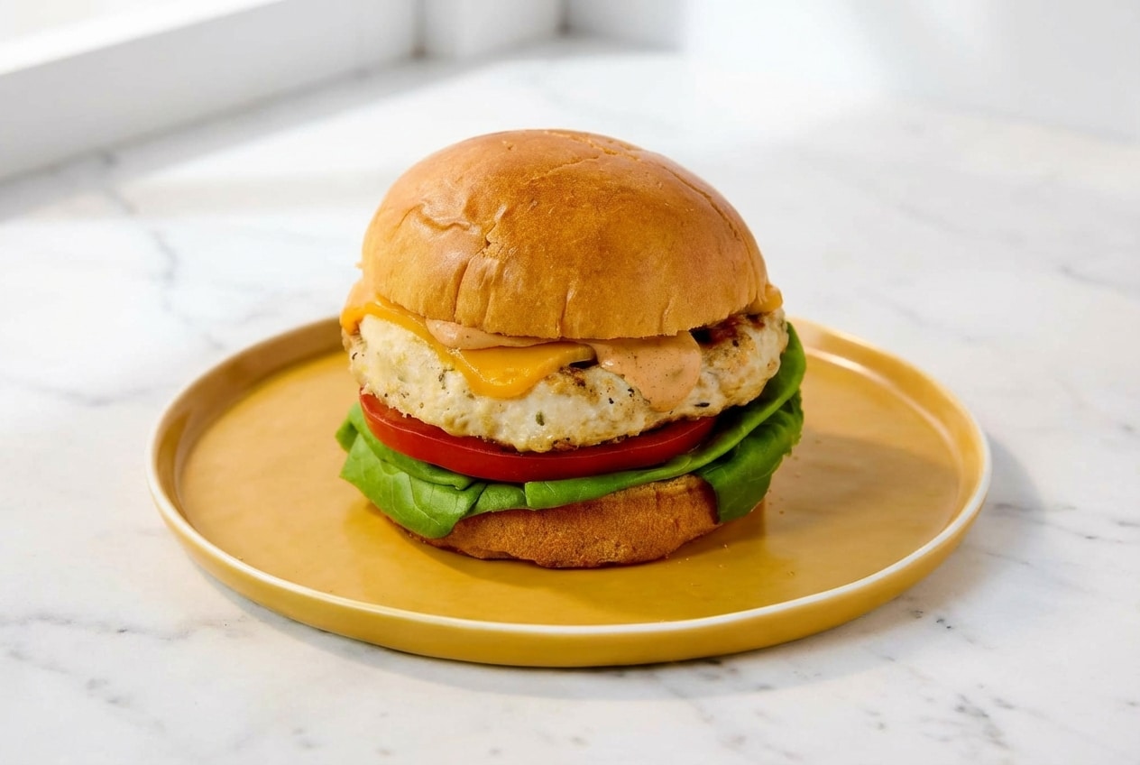 Juicy grilled chicken burgers on a toasted bun, made tender with mayo mixed into the patty before flash-freezing.