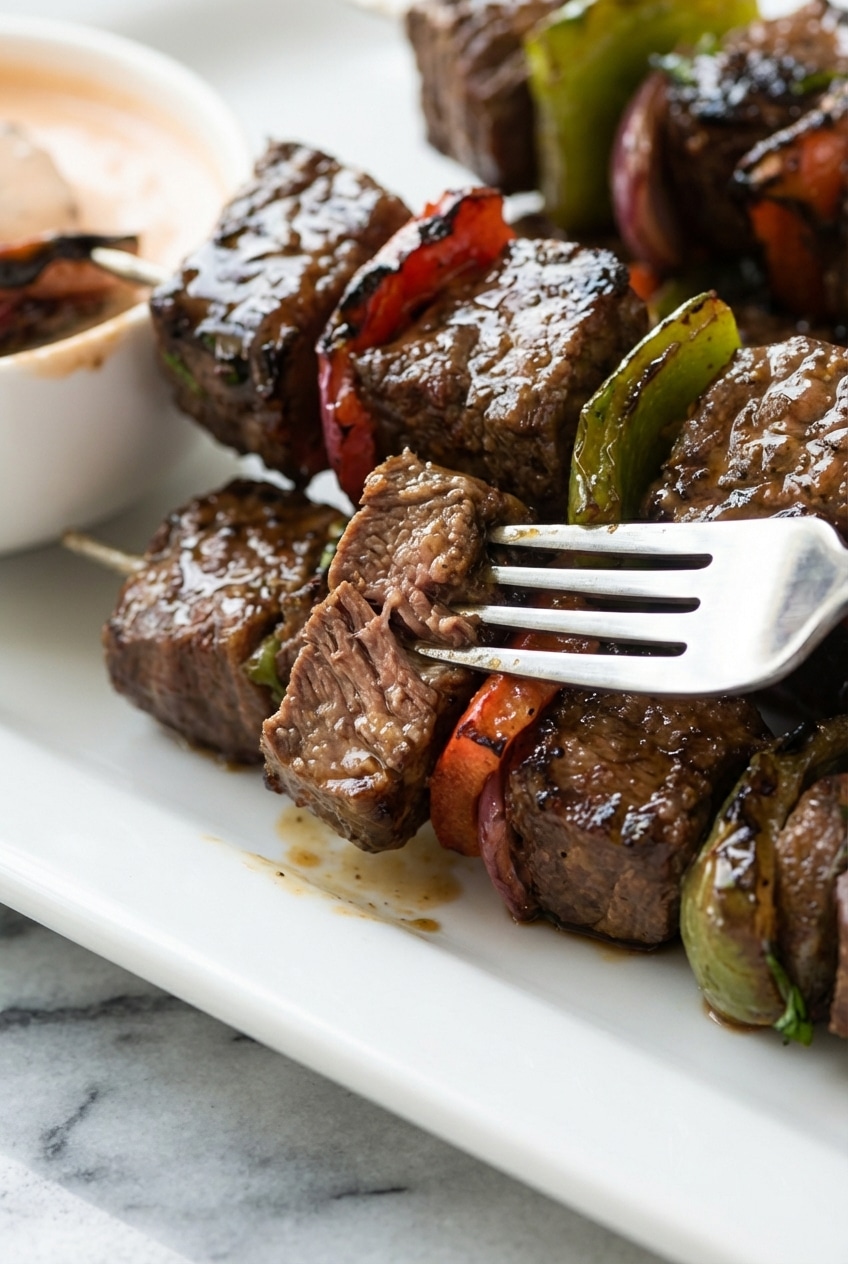 Marinated Steak Kabobs sizzling on a hot grill, achieving a beautiful crust from the Maillard reaction.