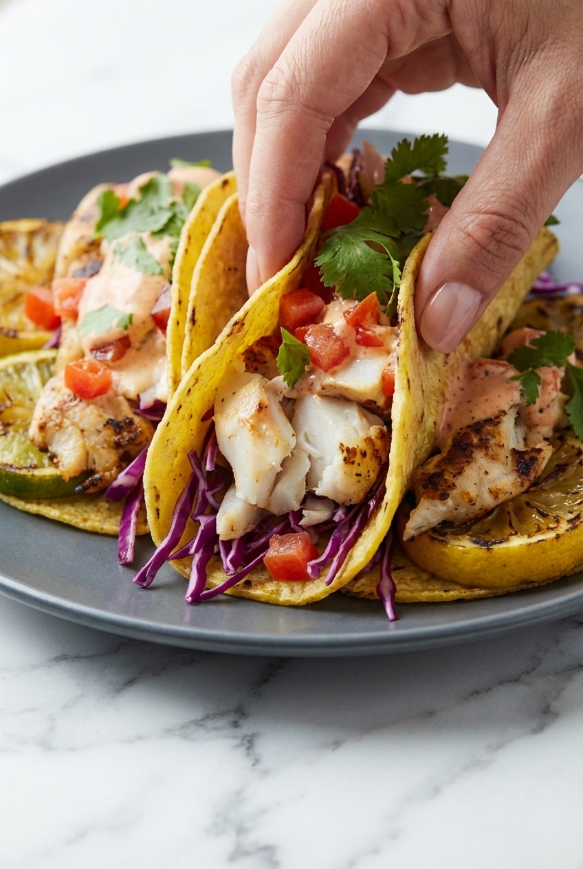 A fish spatula lifting flaky white fish for grilled fish tacos to show the citrus-shield grilling results.