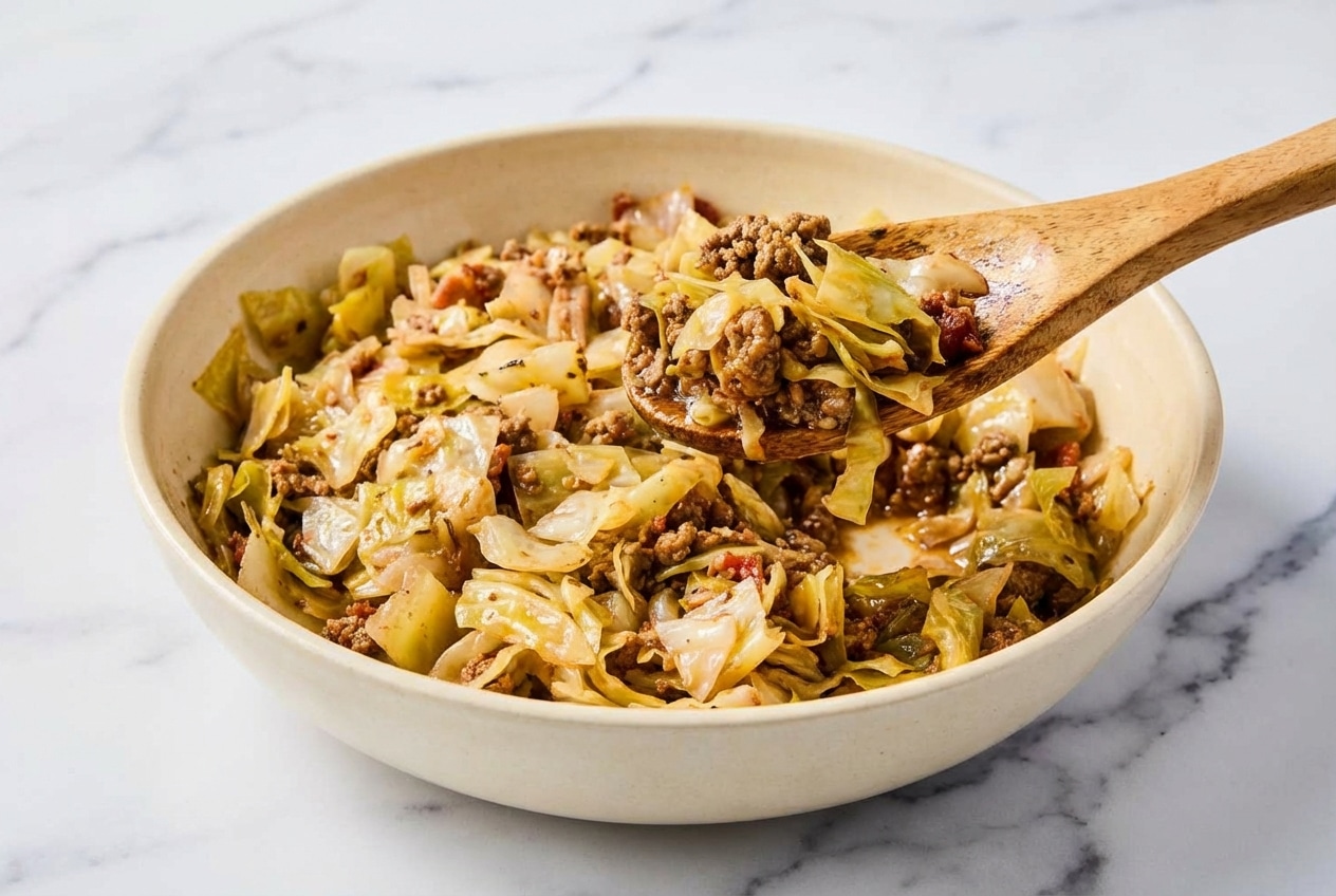 Sautéed ground beef and cabbage in a skillet with a tangy apple cider vinegar and Worcestershire sauce deglaze.