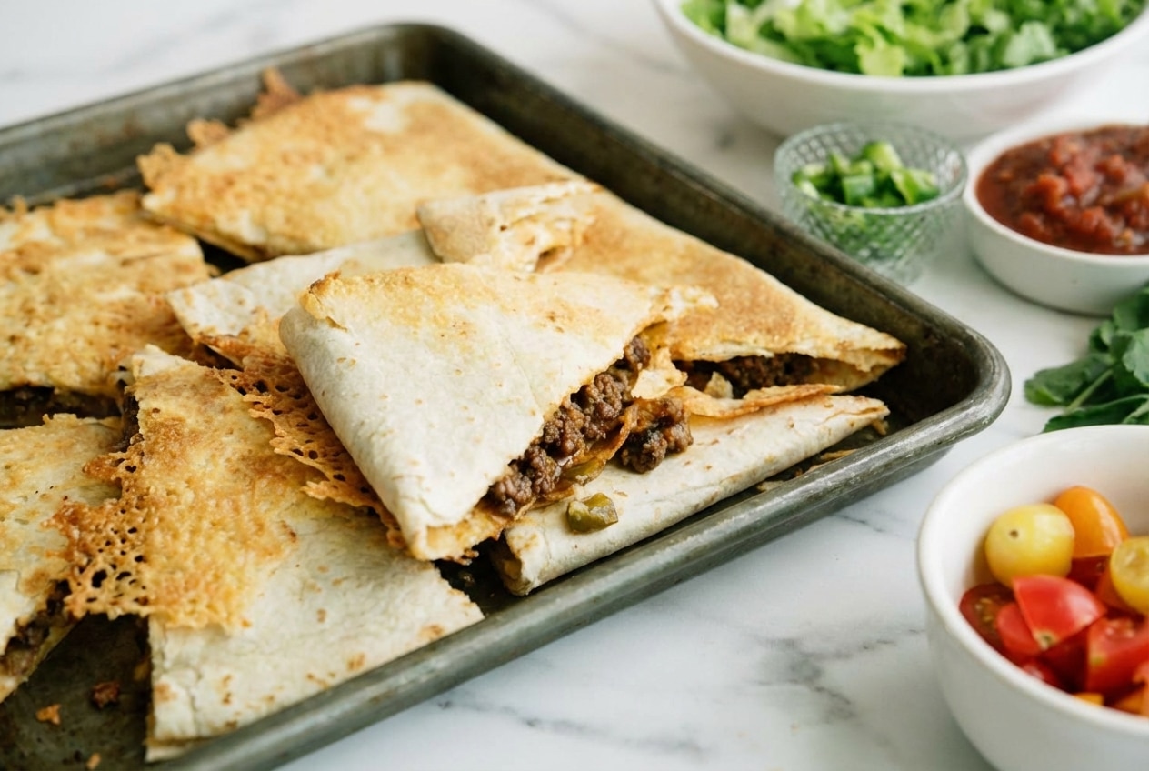 Golden ground beef quesadillas featuring a crispy parmesan umami crust and melted cheese.