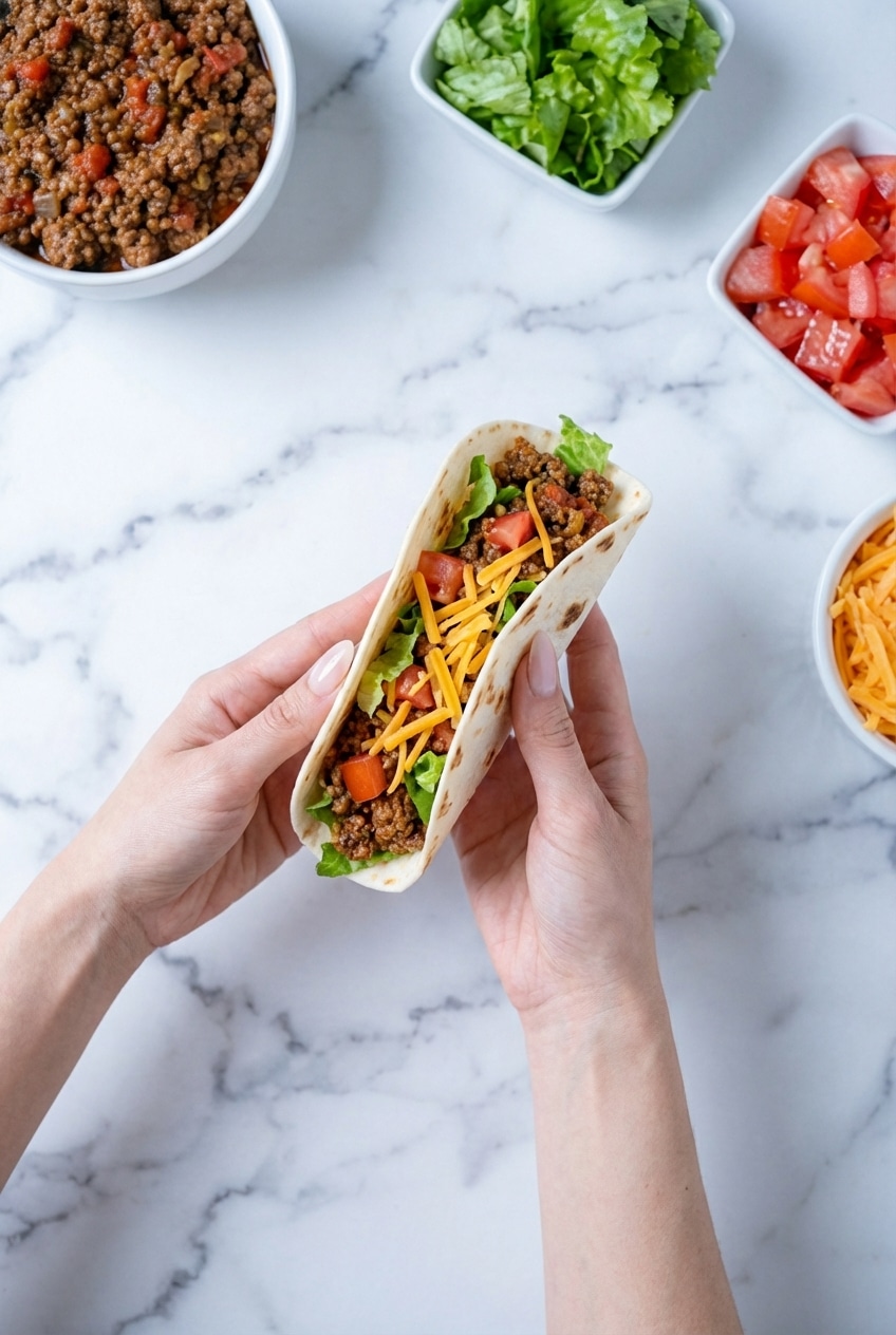 A serving platter filled with assembled Ground Beef Tacos next to lime wedges and storage containers, ready for a family meal or meal prep.