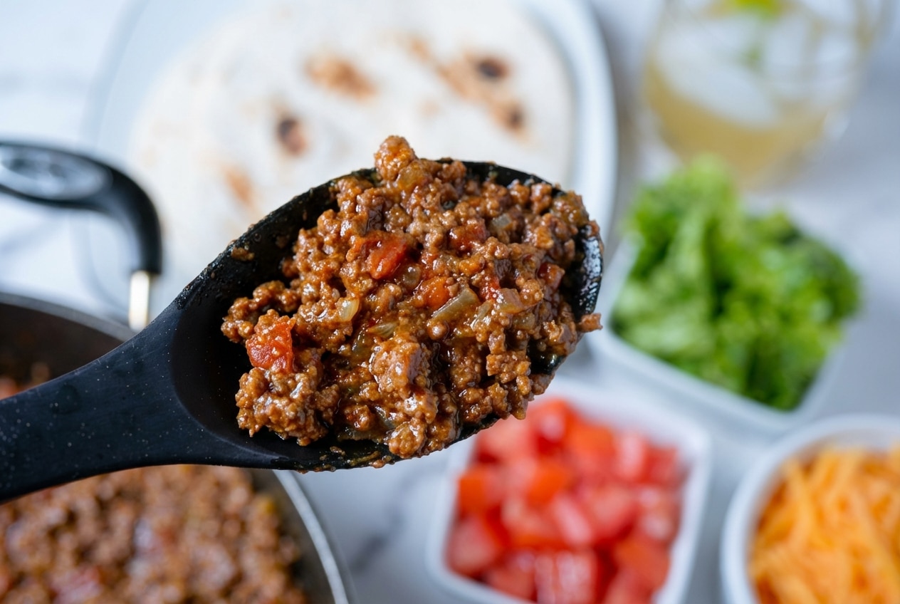 Close-up of saucy Ground Beef Tacos in corn tortillas topped with fresh cilantro, highlighting the rich color from the tomato paste umami boost.
