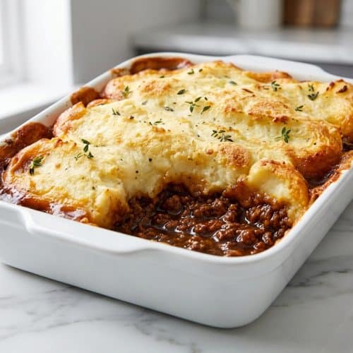 Cottage pie in a baking dish with golden mashed potatoes and a savory Guinness and Marmite infused beef gravy.