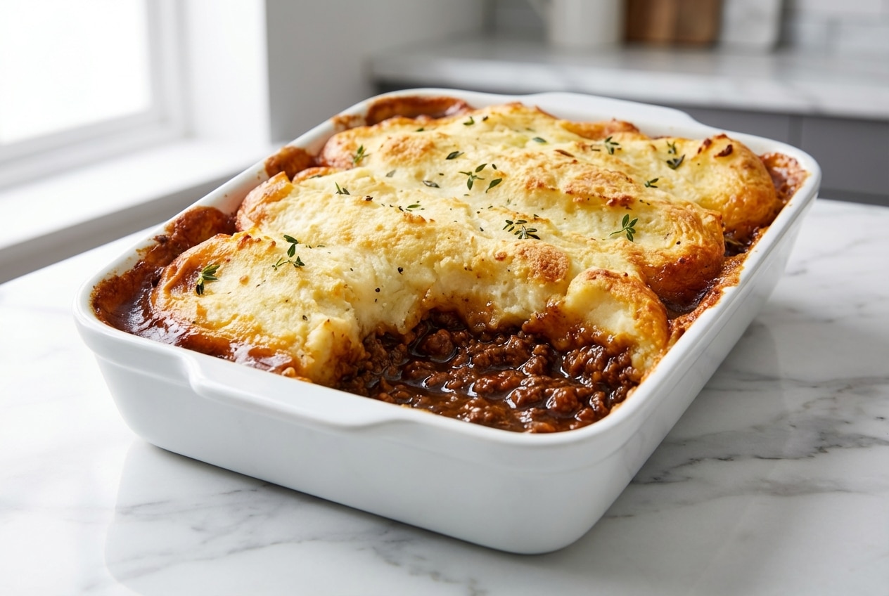 Cottage pie in a baking dish with golden mashed potatoes and a savory Guinness and Marmite infused beef gravy.