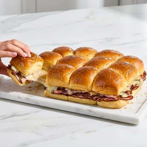 Golden Hawaiian Roll Sliders glazed with savory brown butter and miso topped with crunchy poppy seeds.