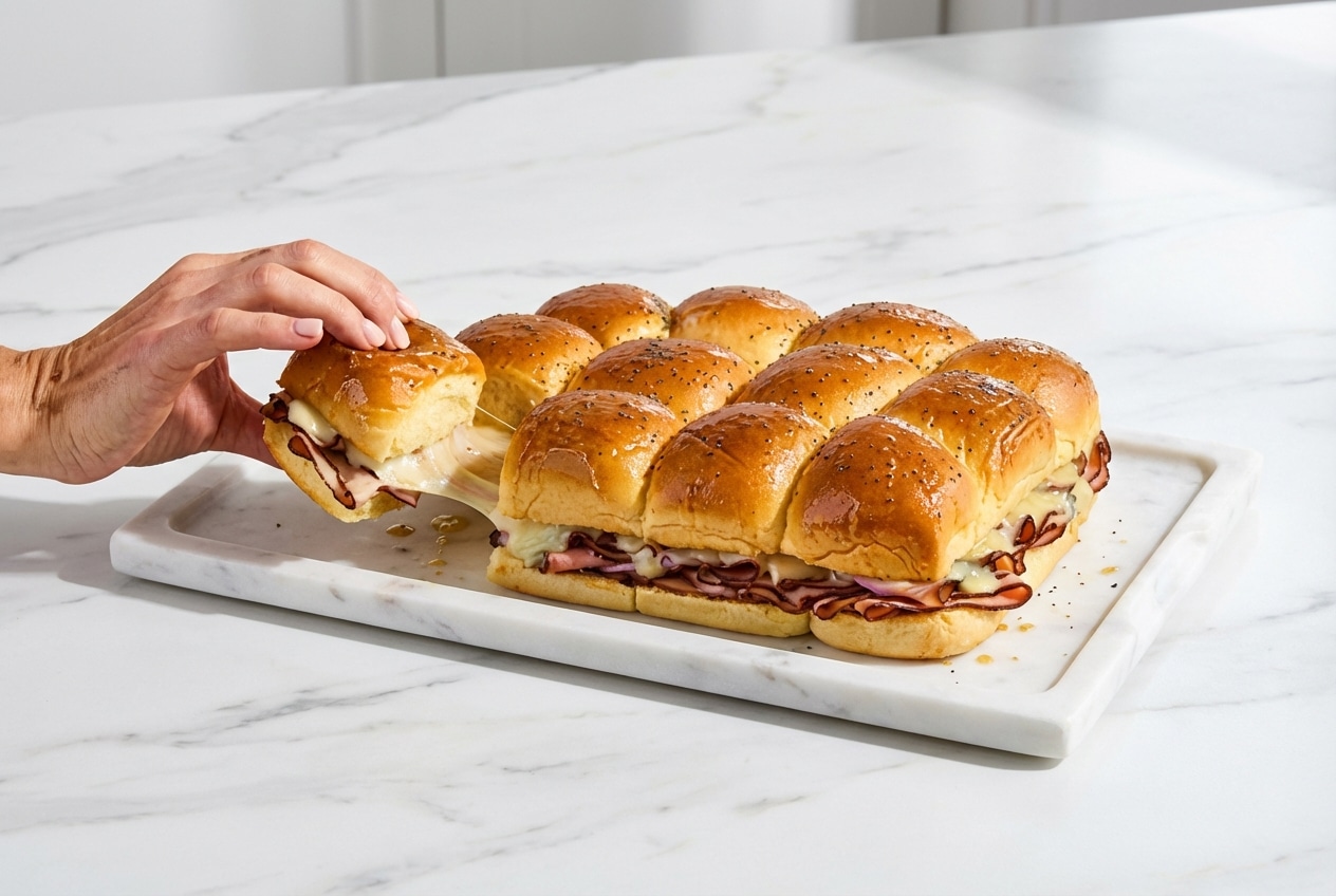 Golden Hawaiian Roll Sliders glazed with savory brown butter and miso topped with crunchy poppy seeds.