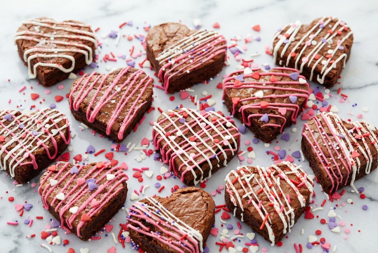 Rich heart shaped brownies featuring the flavor-enhancing brown butter and sea salt bloom technique.