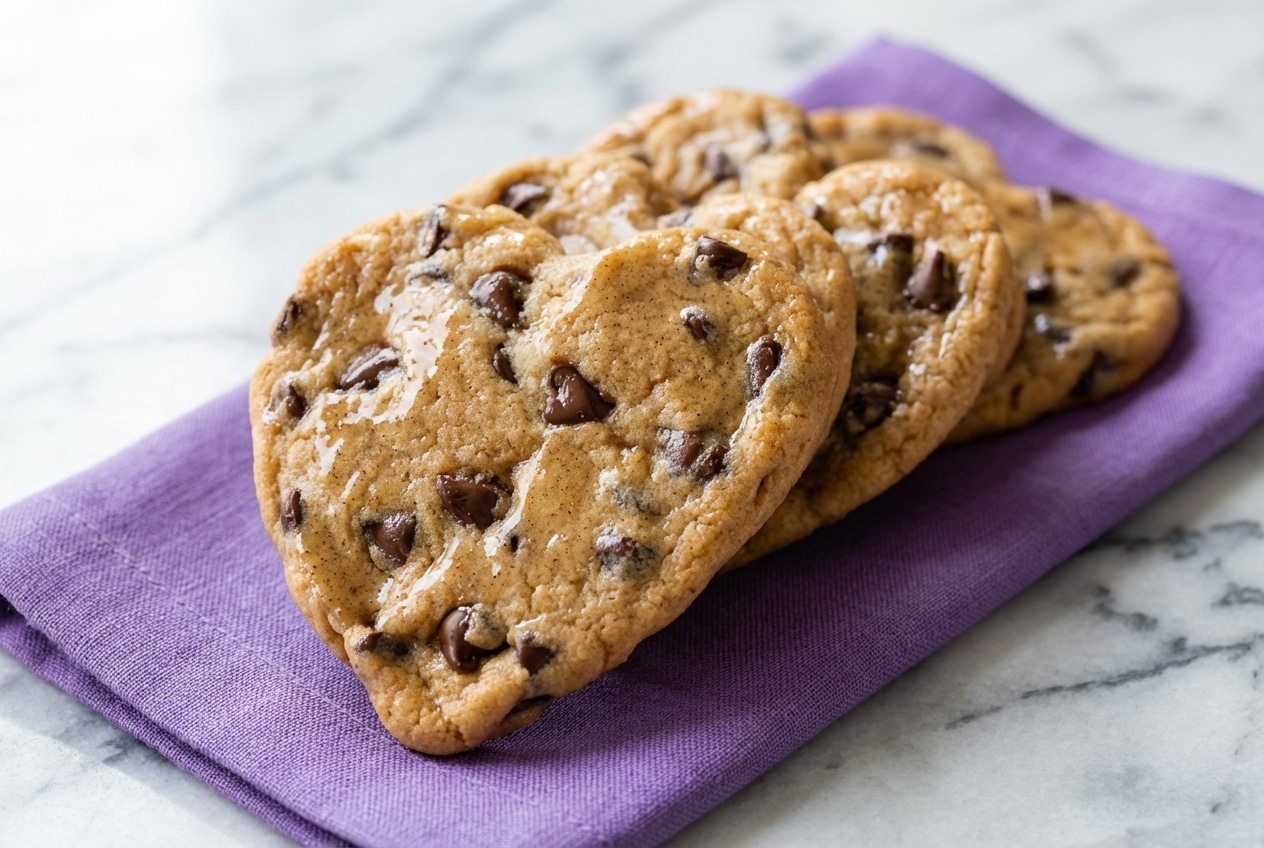 Heart Shaped Chocolate Chip Cookies made with nutty brown butter and aromatic bourbon vanilla for a rich flavor.