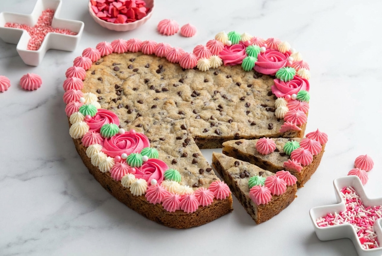 Heart Shaped Cookie Cake decorated with buttercream, featuring a rich brown butter and bourbon vanilla base.
