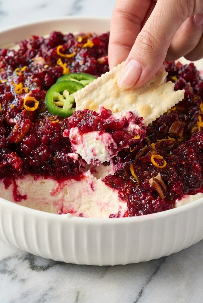 Cranberry jalapeno cream cheese dip served with toasted pecans on a holiday table setting.