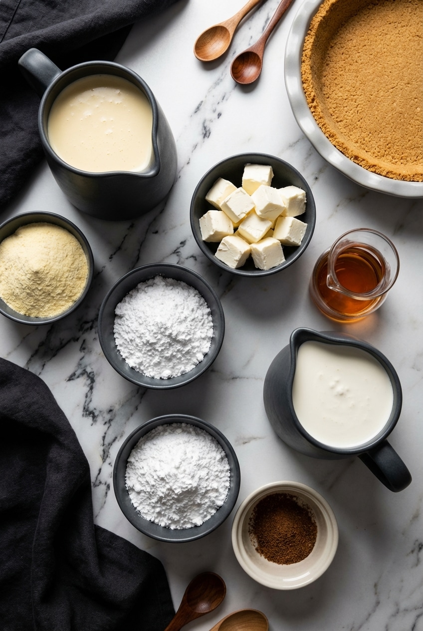 Ingredients for eggnog pie including heavy whipping cream, cream cheese, and nutmeg laid out on a kitchen counter.