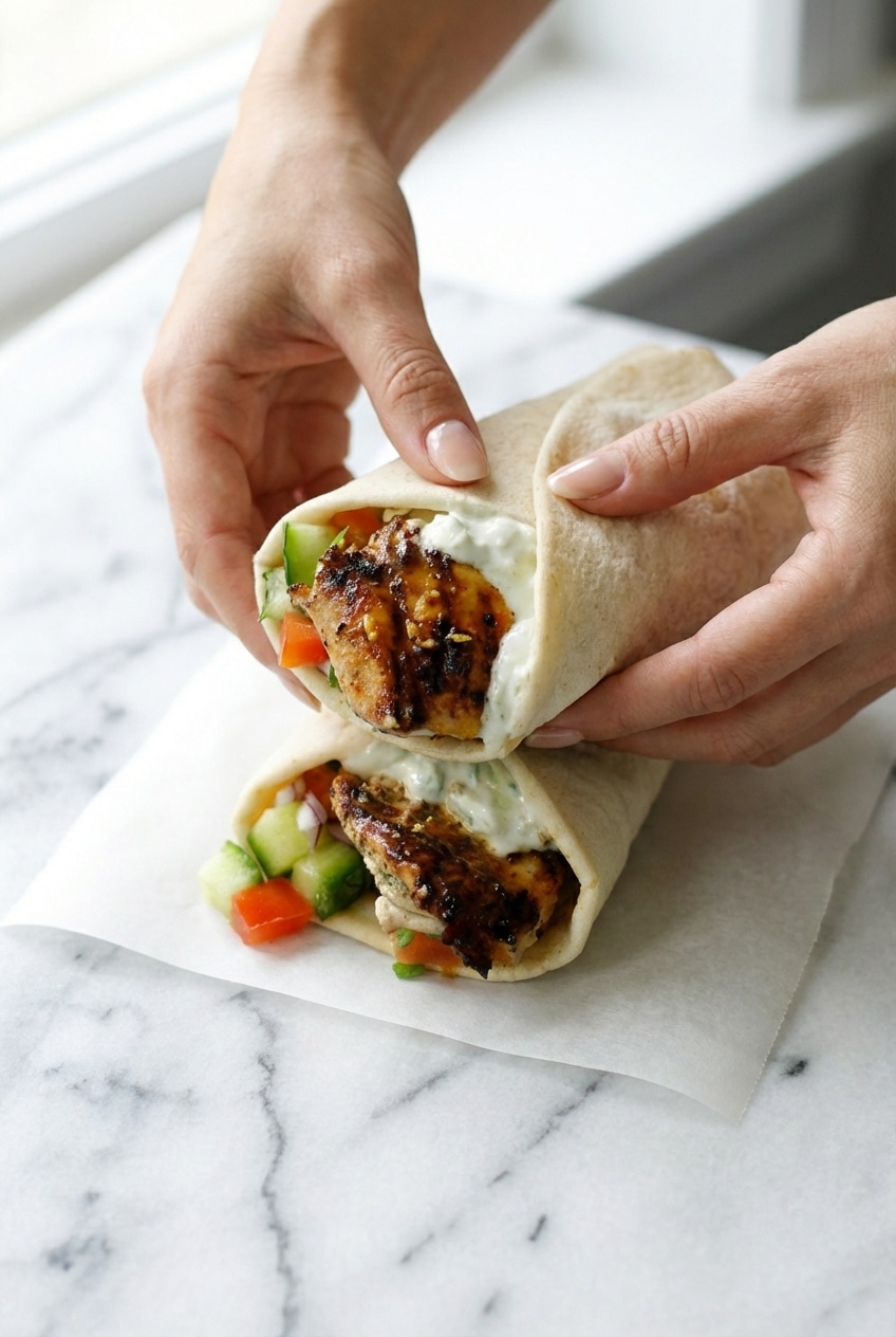 Assembled chicken gyros wrapped in parchment paper alongside fresh red onions and cooling cucumber.