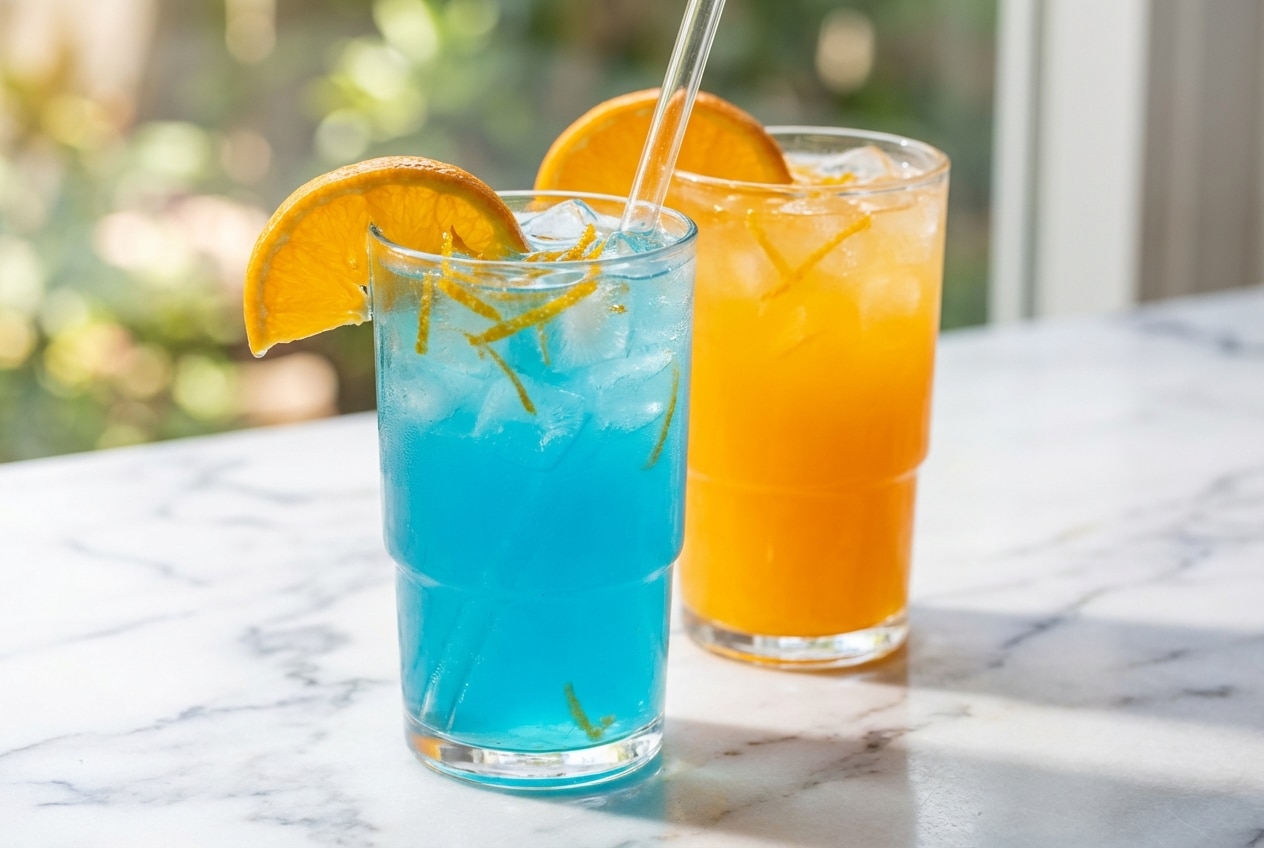 Vibrant blue homemade gatorade in a glass rimmed with a citrus-zest honey maceration for natural sweetness.