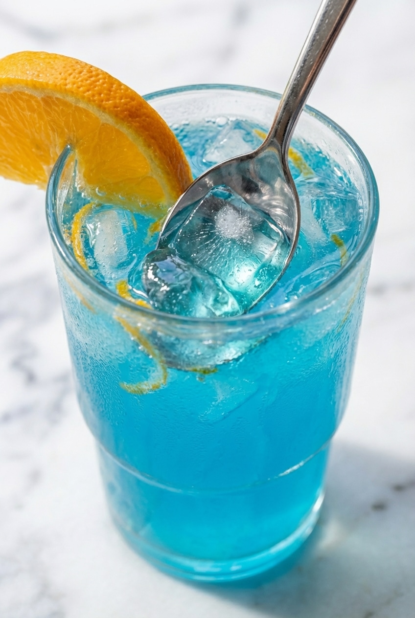 A close-up of blue homemade gatorade showing the science of a perfectly balanced isotonic drink for hydration.