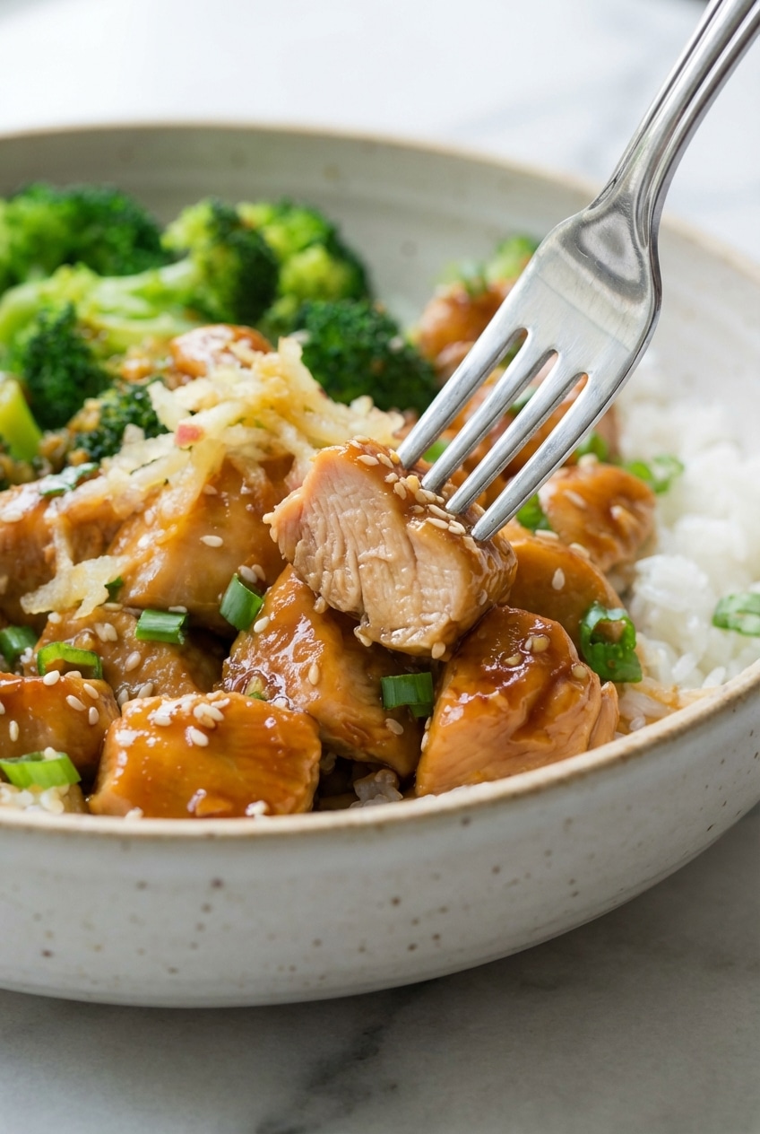 A steaming bowl of teriyaki chicken served over rice with chopsticks on a dark wooden table.