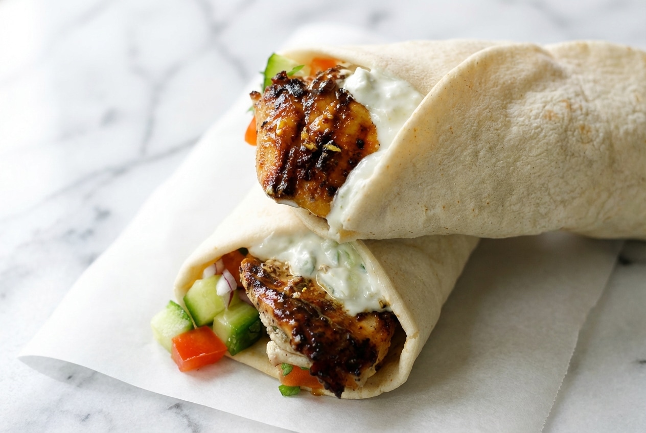 Golden chicken gyros with a sticky honey-lemon flash-sear finish tucked into soft pita bread.