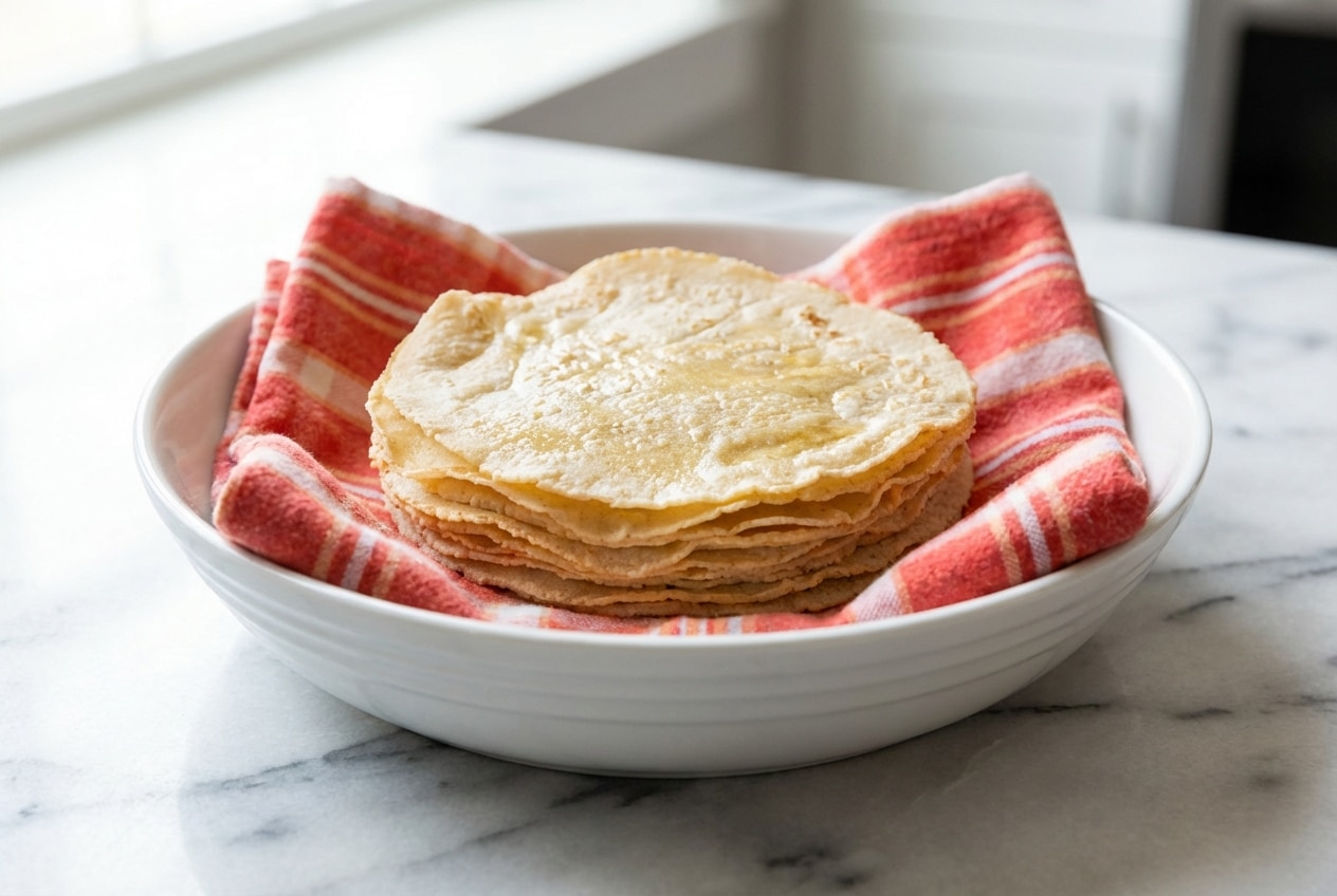 Stack of warm corn tortillas made with a touch of honey for a soft, pliable, and subtly sweet finish.