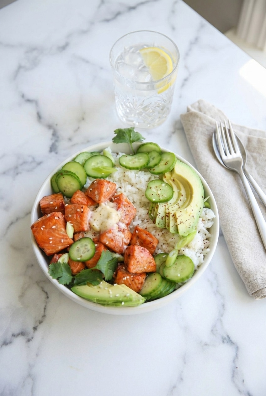 Hot honey salmon bowl served with pickled cucumbers, making it a perfect option for healthy meal prep.