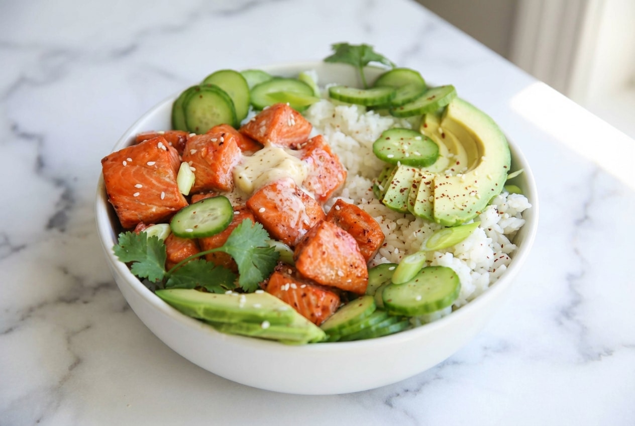 Hot honey salmon bowl topped with a melting cold-infused miso butter finish over fluffy jasmine rice.