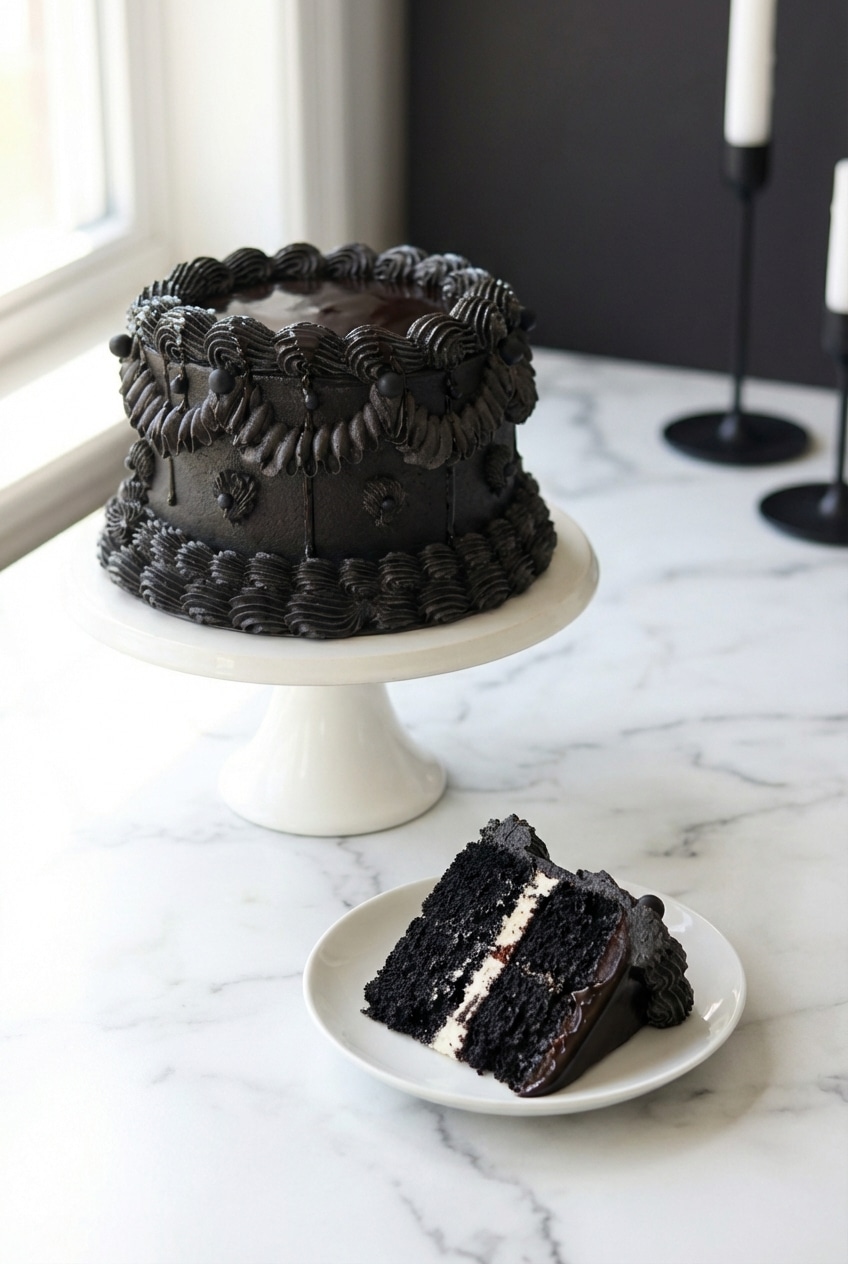 The finished black velvet cake on a stand, decorated with white frosting, ready to be served for a celebration.