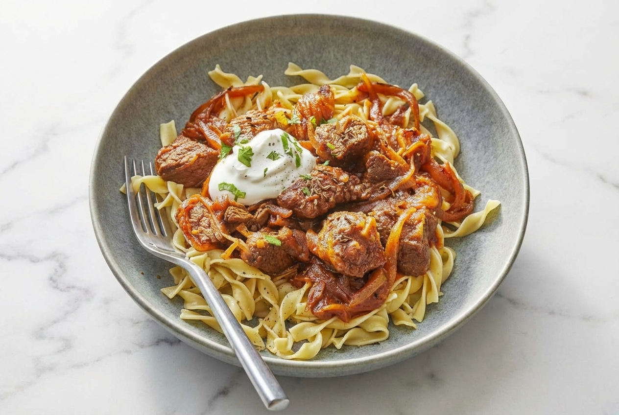 Tender Hungarian Goulash in a rich red wine and caraway sauce served over buttery egg noodles.