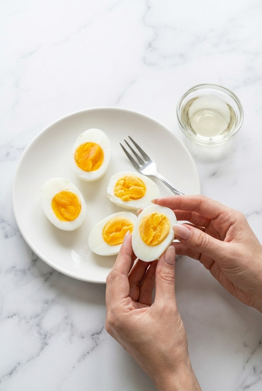 Instant pot hard boiled eggs being lowered into a bowl of ice water after cooking.