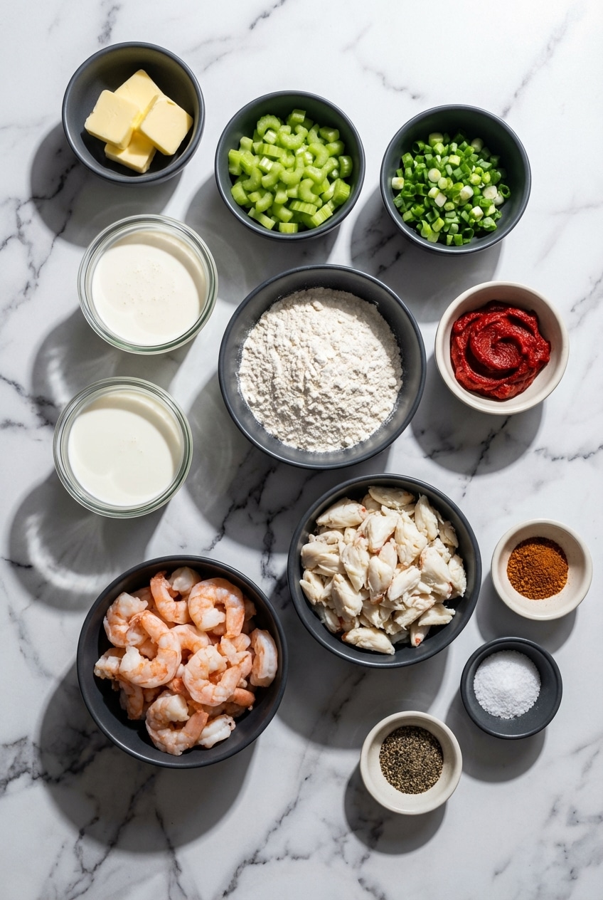 Ingredients for Crab and Shrimp Seafood Bisque, including lump crab meat, shrimp, heavy cream, and seafood stock, laid out on a counter.
