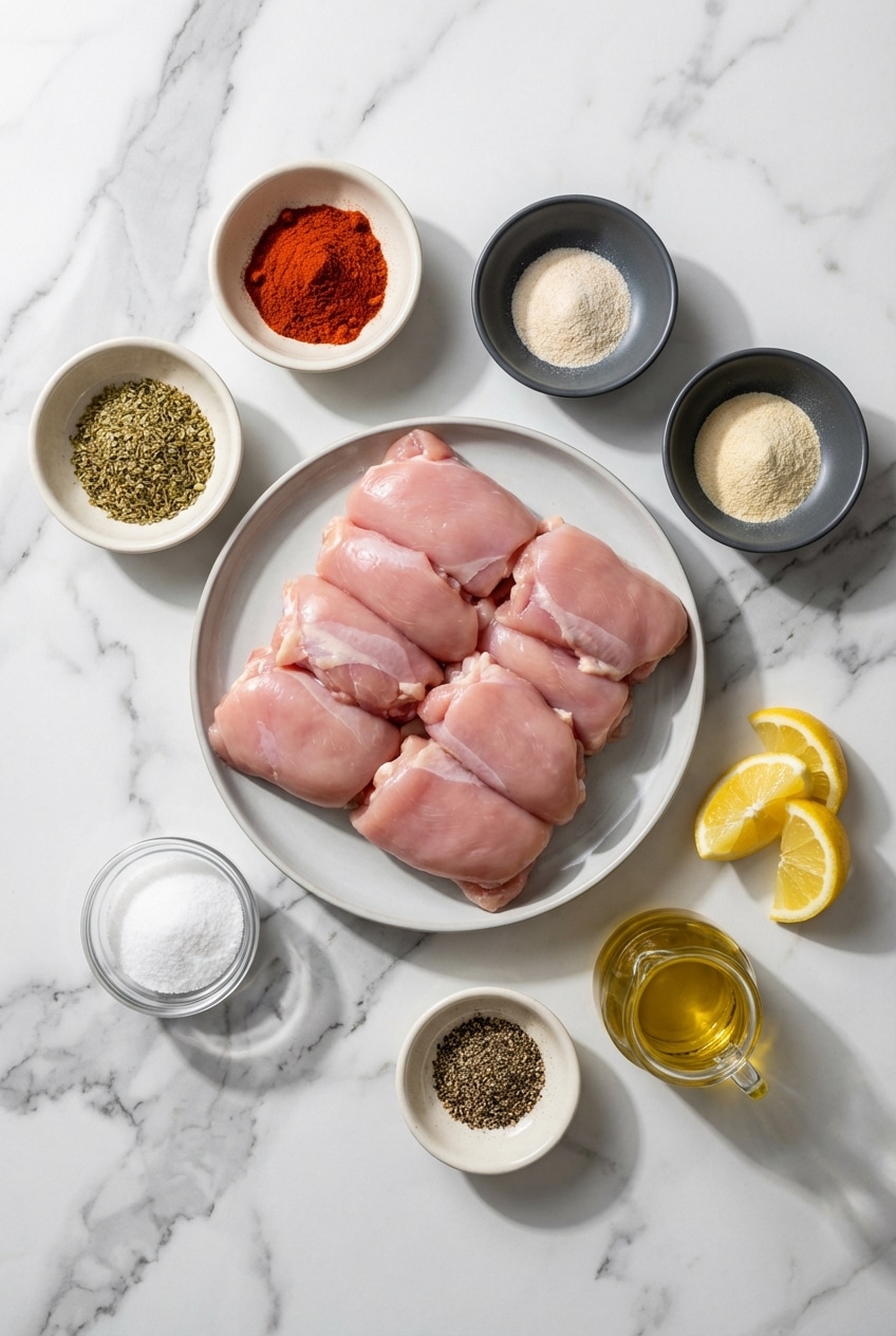 Flat lay of raw chicken thighs, avocado oil, smoked paprika, baking powder, and spices for making air fryer chicken thighs.