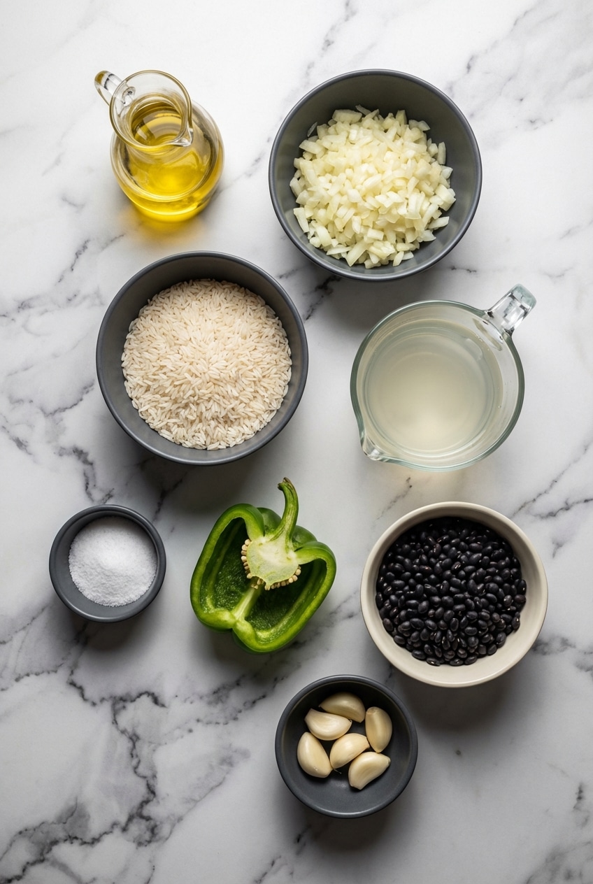 Raw long-grain white rice, black beans, and Salsa Lizano arranged for gallo pinto preparation.