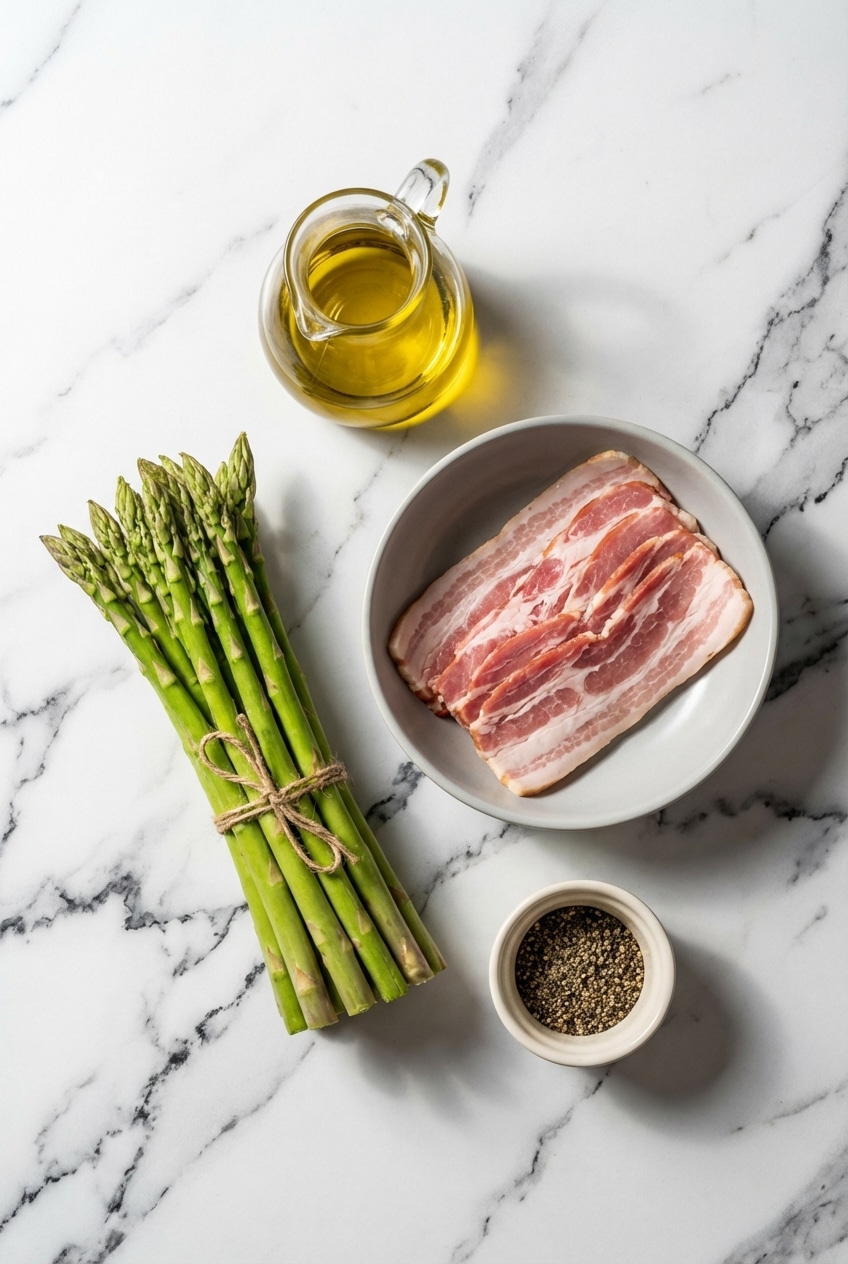 Flat lay of Asparagus officinalis, smoky bacon strips, and maple glaze components for bacon wrapped asparagus.