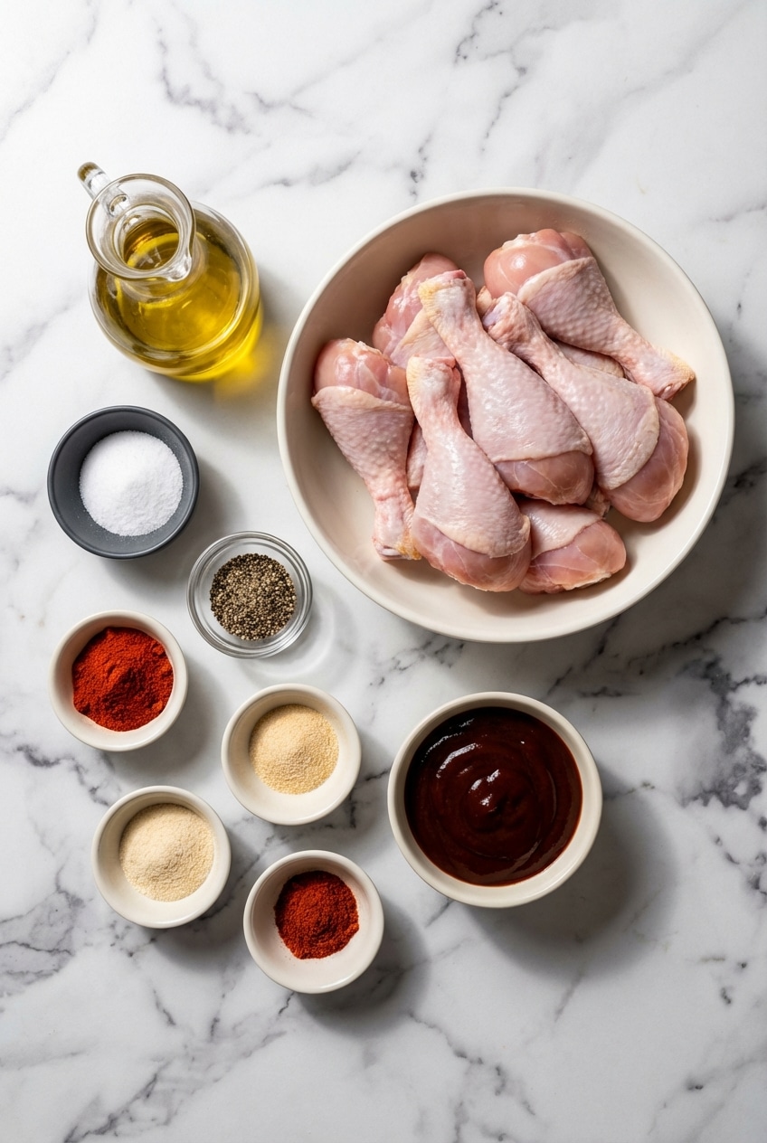Raw bone-in skin-on chicken, dry rub spices, and a basting brush for bbq chicken drumsticks.