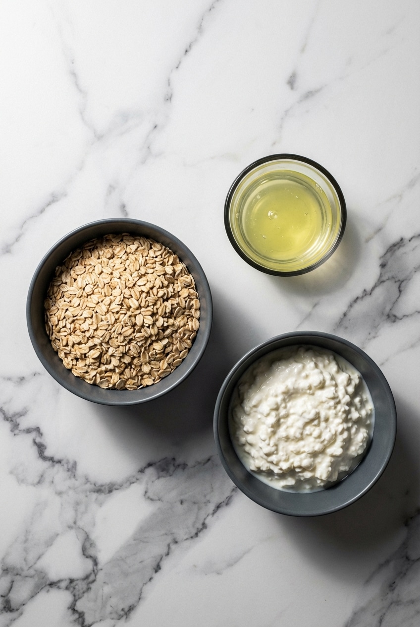 Flat lay of ingredients for protein waffles recipe including cottage cheese, egg whites, and gluten-free oat flour.