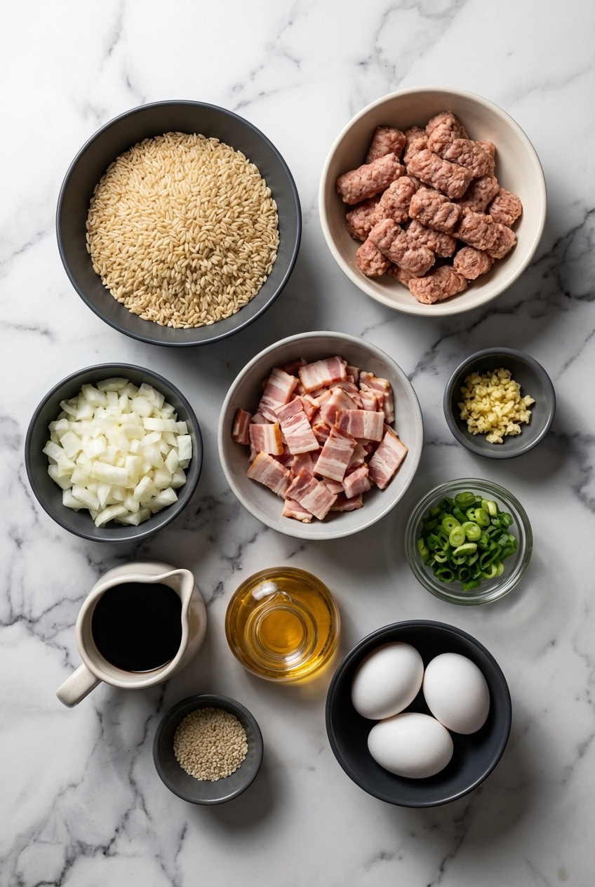 Flat lay of breakfast fried rice ingredients including Jasmine rice, aromatics, and miso on a clean surface.