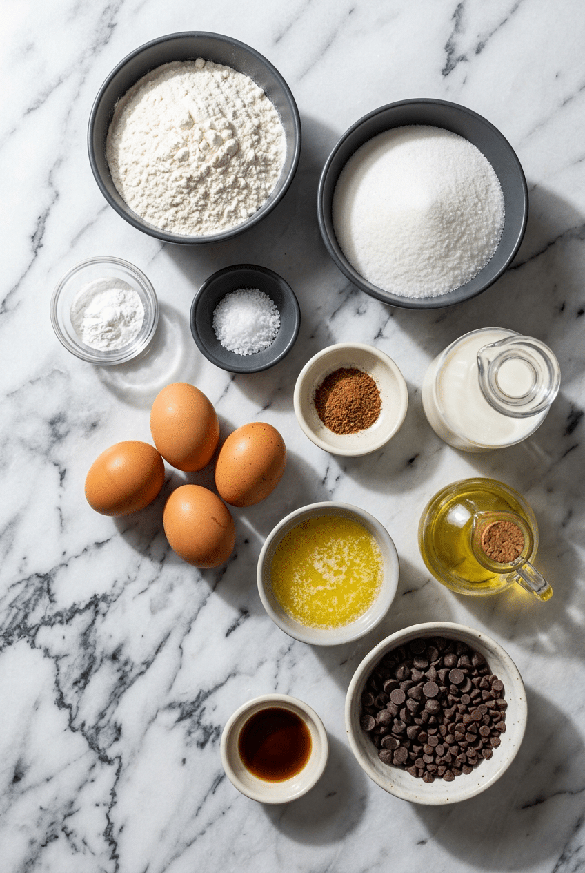 Raw ingredients for chocolate chip muffins including all-purpose flour, semi-sweet chocolate chips, and unsalted butter.