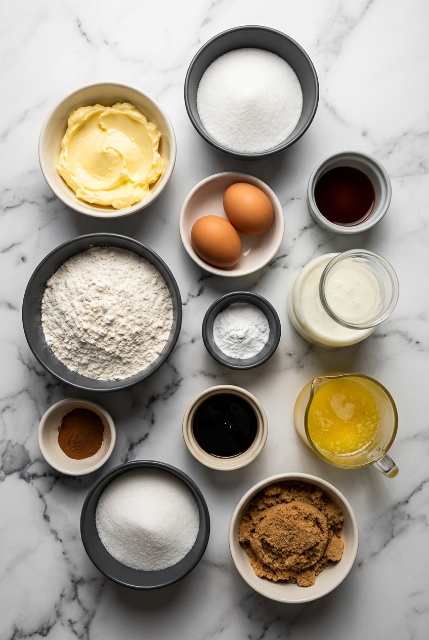 Ingredients for cinnamon donut bread including buttermilk, molasses, cinnamon sugar, and all-purpose flour.