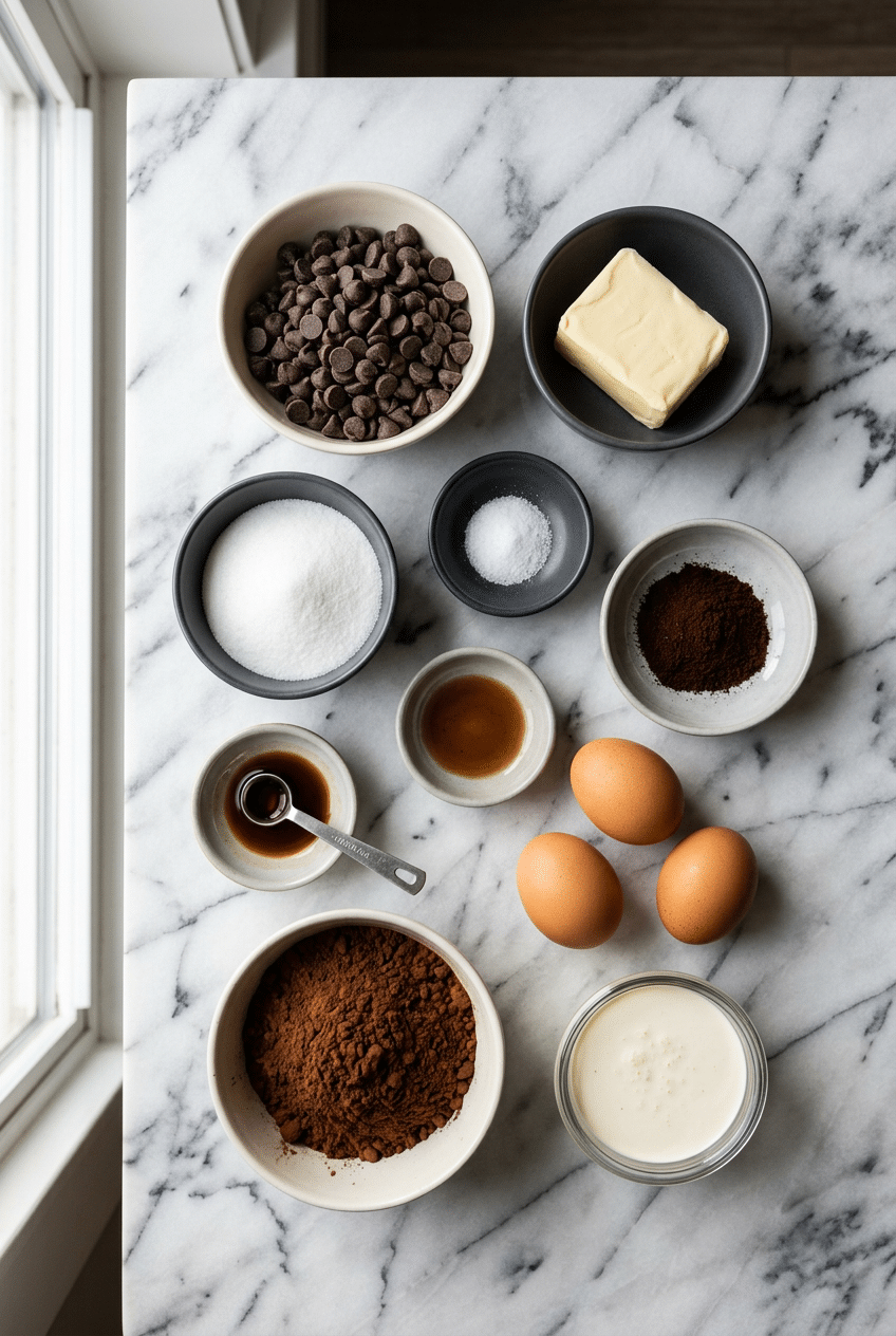 Flat lay of ingredients for flourless chocolate cake, including Dutch-process cocoa, bittersweet chocolate chips, and eggs.