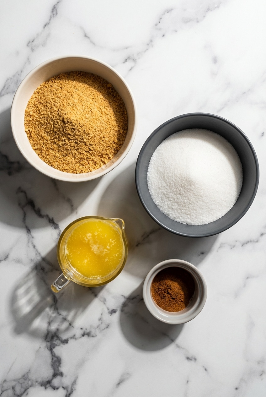 Overhead view of graham cracker crumbs, melted brown butter, granulated sugar, and sea salt.