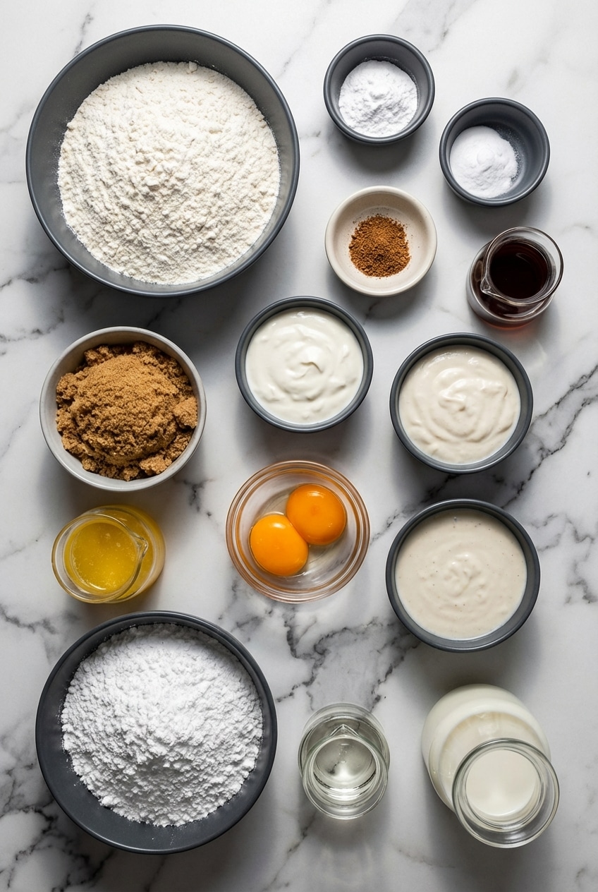 Overhead view of ingredients for old fashioned sour cream donuts including cake flour, sour cream, and nutmeg.
