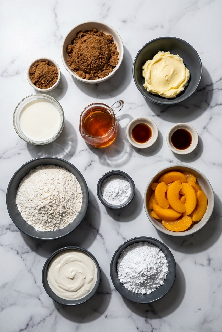 Overhead view of brown sugar peach cake ingredients including freestone peaches, beurre noisette, and spices.