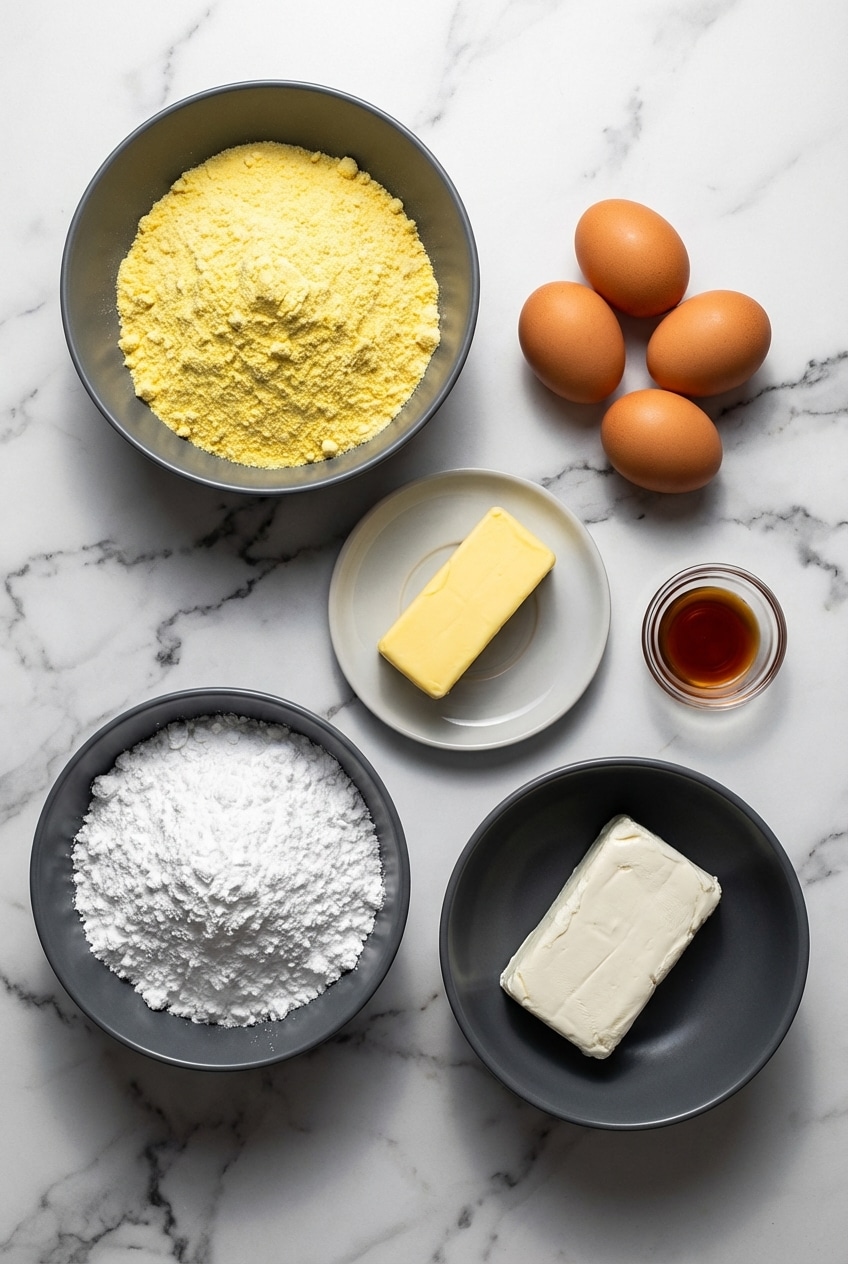 Overhead view of neiman marcus cake ingredients including cream cheese, yellow cake mix, and melted butter.