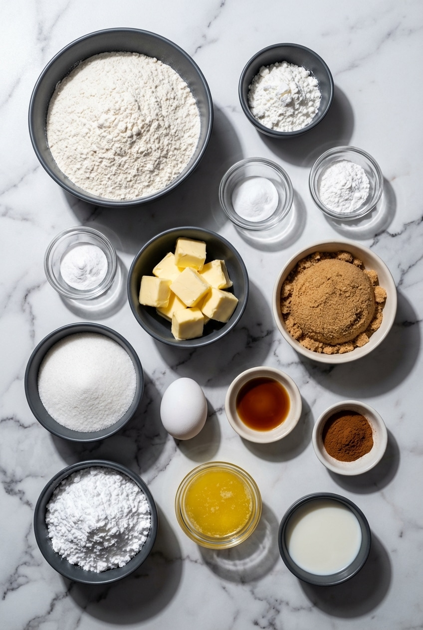 Overhead view of ingredients for brown sugar pop tart cookies including all-purpose flour, cornstarch, and butter.