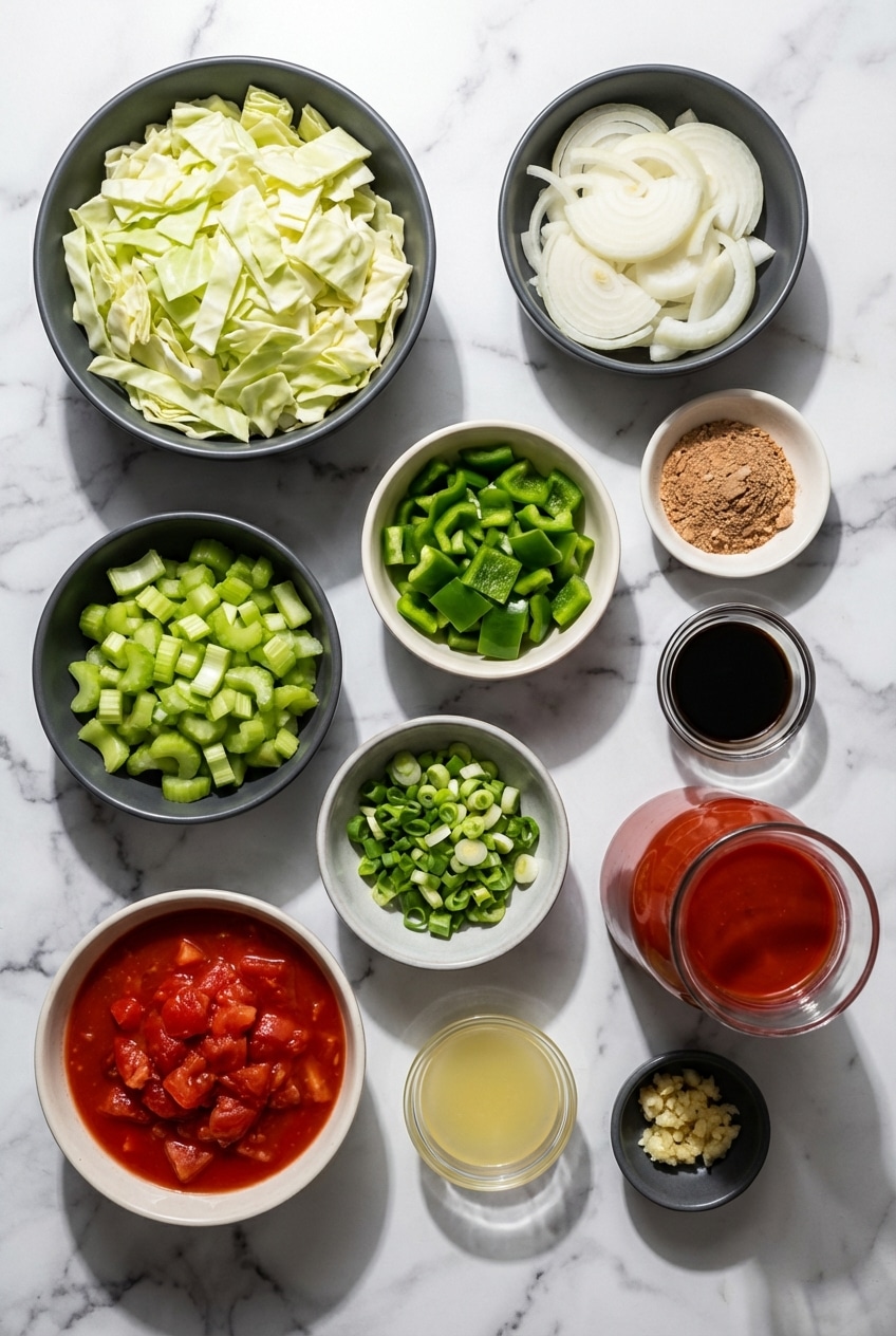 Raw ingredients for a cabbage soup diet recipe including chopped fresh cabbage, mirepoix, fire-roasted tomatoes, and chicken bouillon.