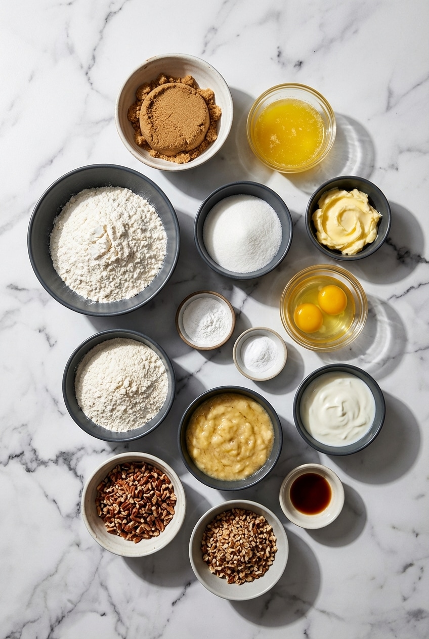 Raw ingredients for caramel banana pecan cake including ripe bananas, pecans, brown sugar, and cake flour on a counter.