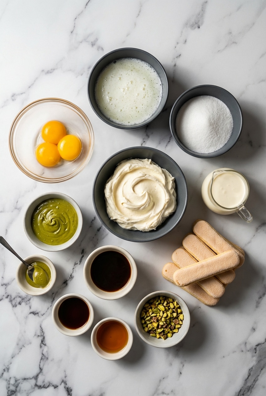 Ingredients for pistachio tiramisu laid out, including mascarpone, savoiardi ladyfingers, pistachio cream, and espresso.