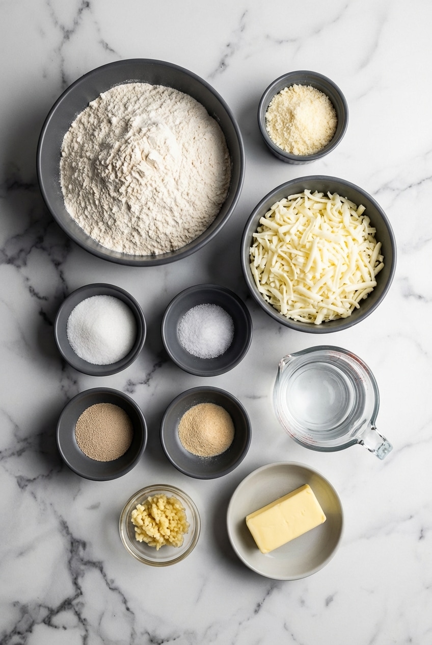 Raw ingredients for cheesy garlic breadsticks including active dry yeast, whole milk mozzarella, and garlic confit butter.
