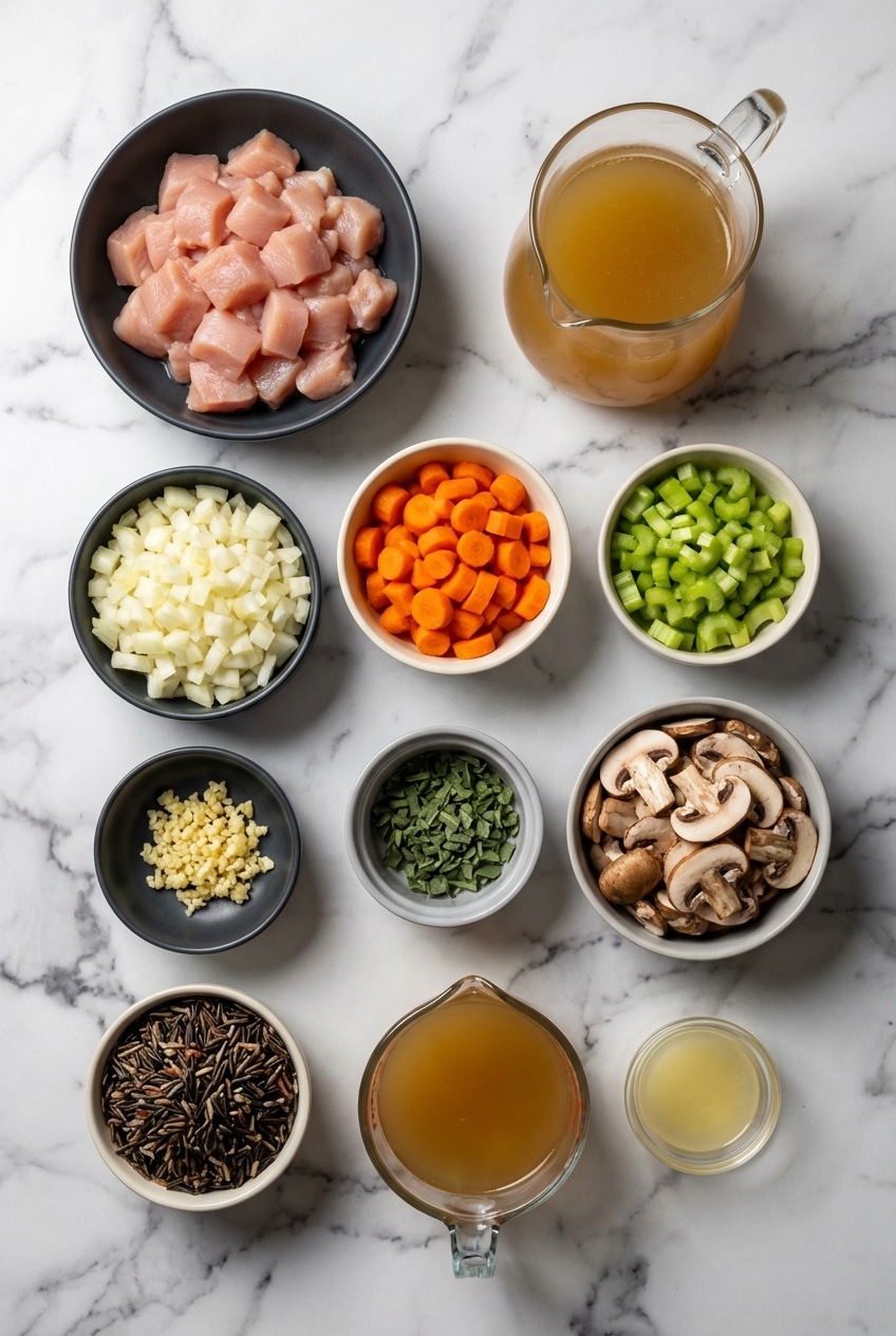 Raw ingredients for chicken and wild rice soup including mirepoix, wild rice blend, and fresh chicken breast.