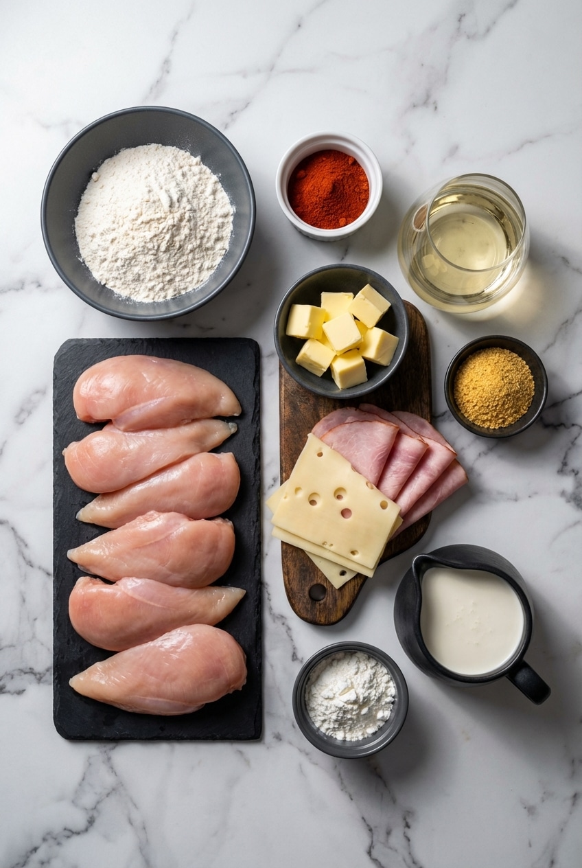 Overhead view of raw Chicken Cordon Bleu ingredients including chicken breast, deli ham, slices of Gruyere, and panko breadcrumbs on a prep board.